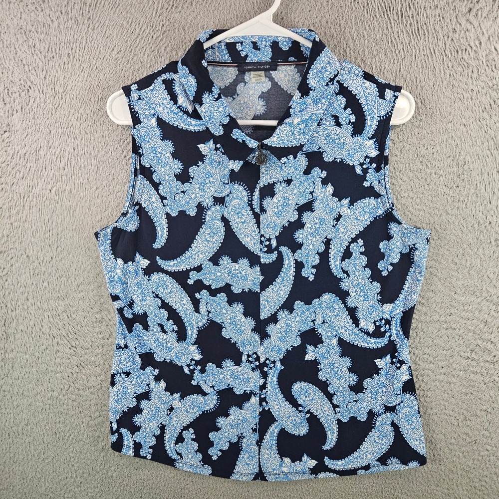 Tommy Hilfiger Womens Large Navy Blue Paisley Sleevelessβ Quarter Zip Polo Top